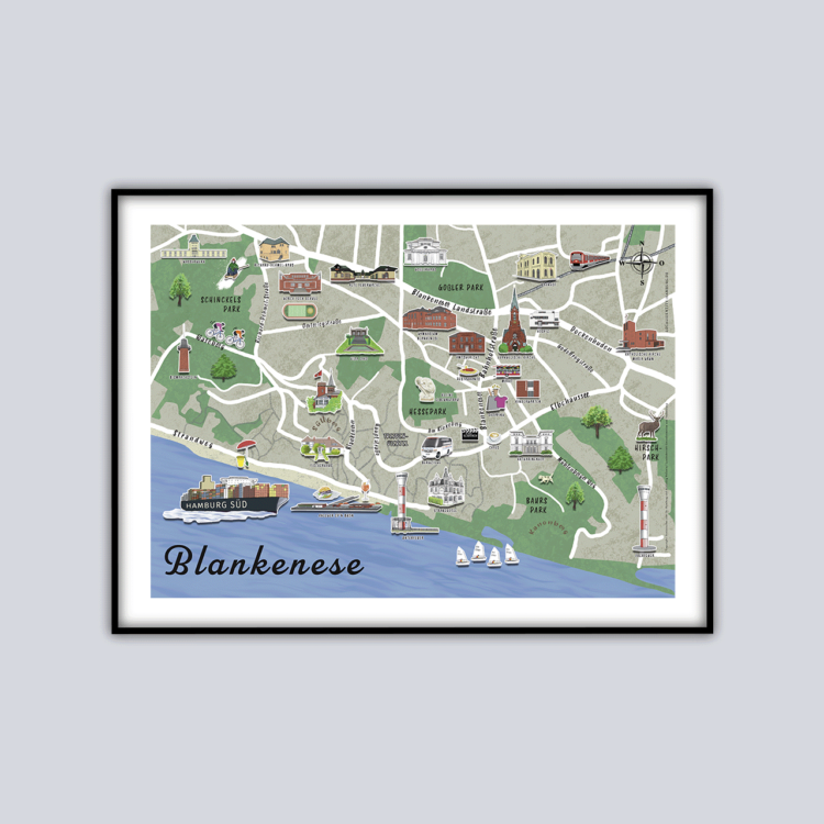 Poster Plakat Blankenese Stadtplan Karte Hamburg Sehenswürdigkeiten Souvenir Geschenk