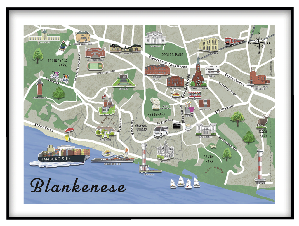 Stadtplan Karte Blankenese Hamburg Sehenswürdigkeiten A3 Souvenir Geschenk